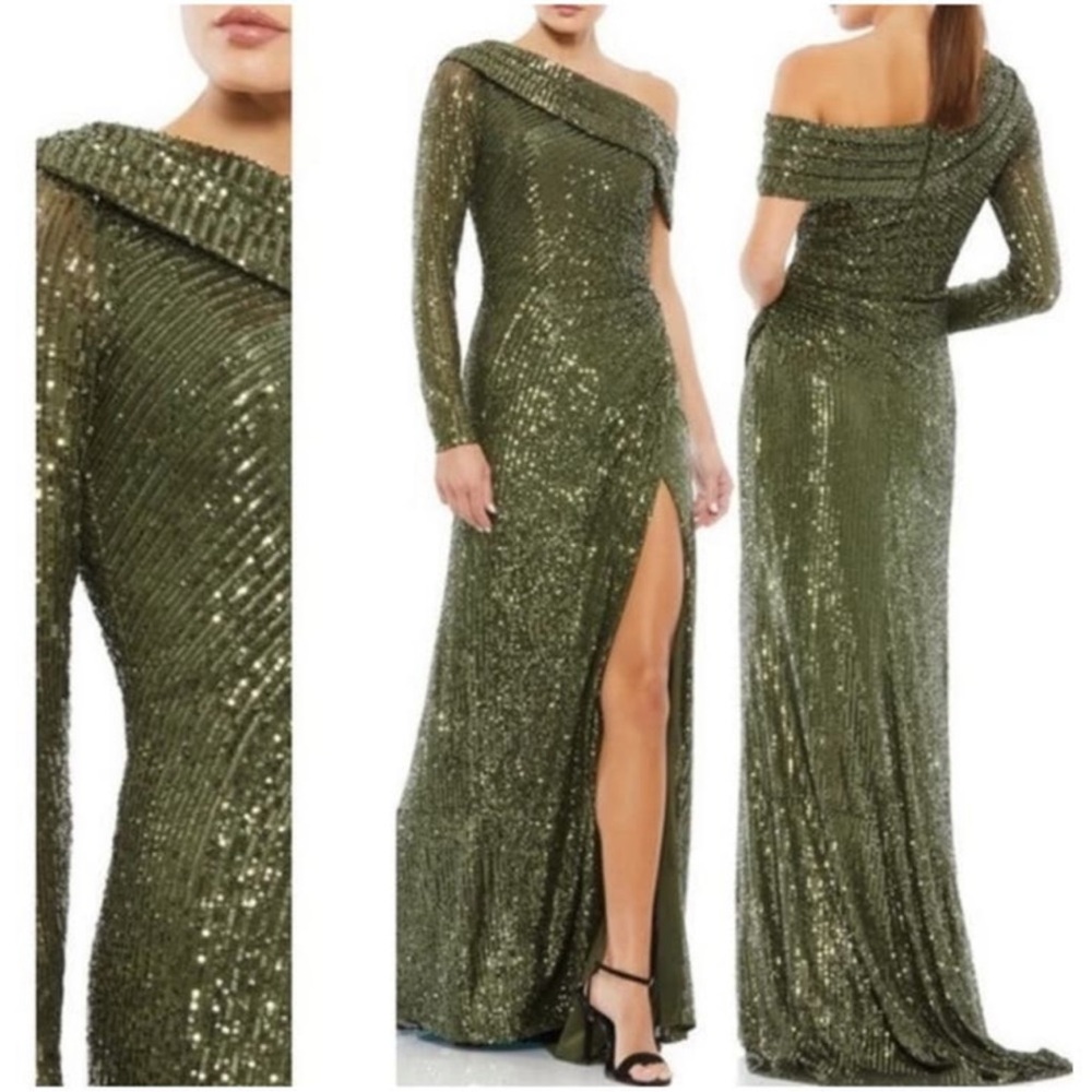 Mac Duggal 26571 Size 10 Olive Green Sequined Drop Shoulder Long Gown Maxi Dress